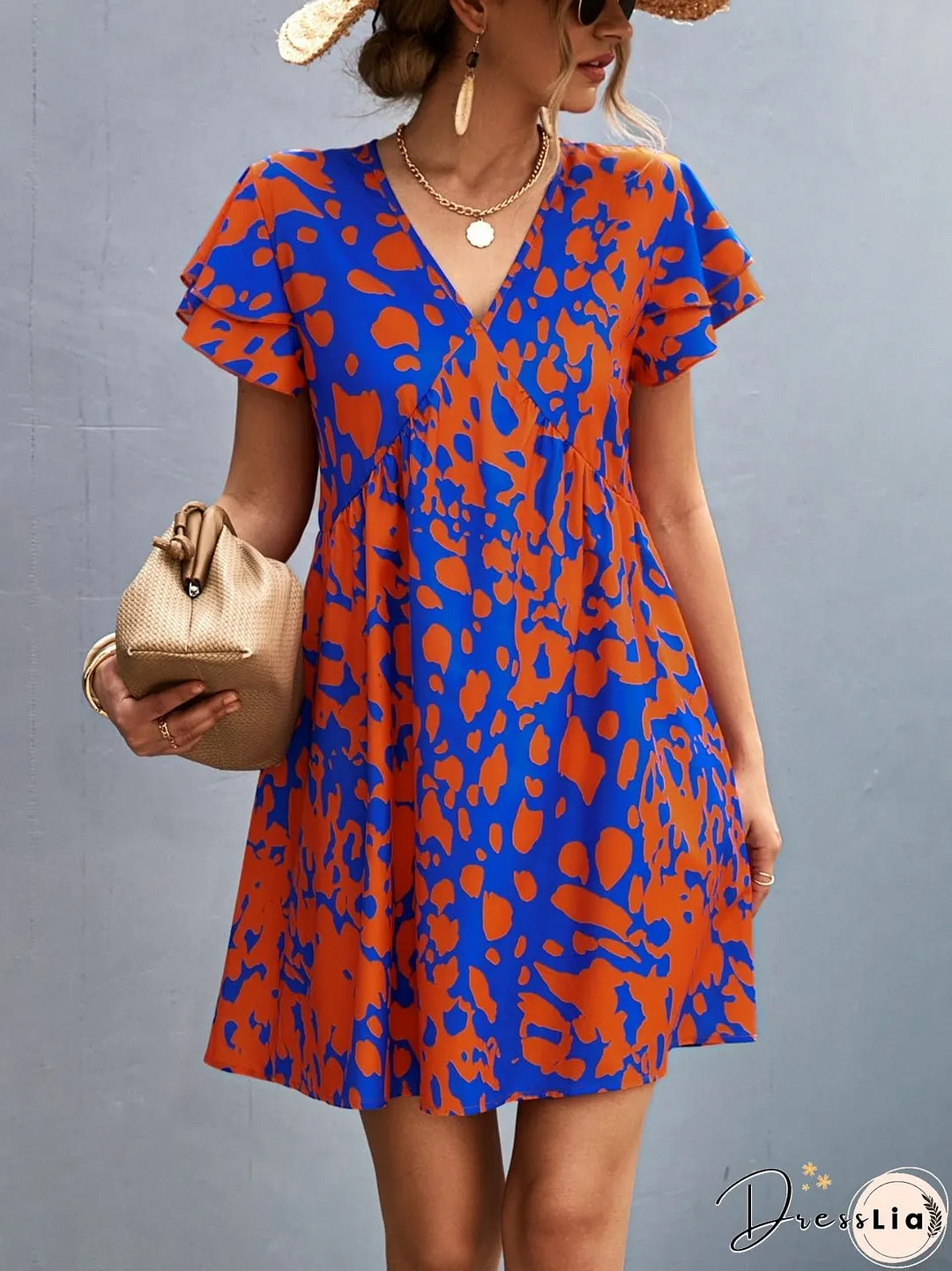 Ruffled Printed V-Neck Short Sleeve Mini Dress