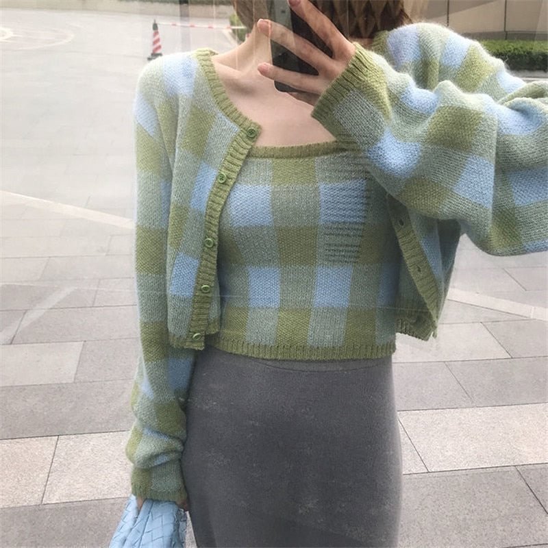 (2Pcs/set ) Korean Fashion Plaid Knitted Cardigan + Checkered Vest Two-piece Set Blusa De Frio Feminina Sueters De Mujer 531
