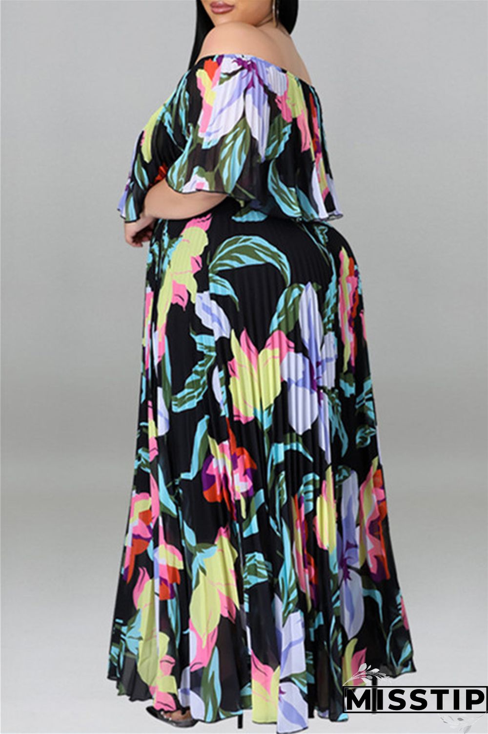 Black Fashion Casual Plus Size Print Patchwork Backless Off the Shoulder Long Dress
