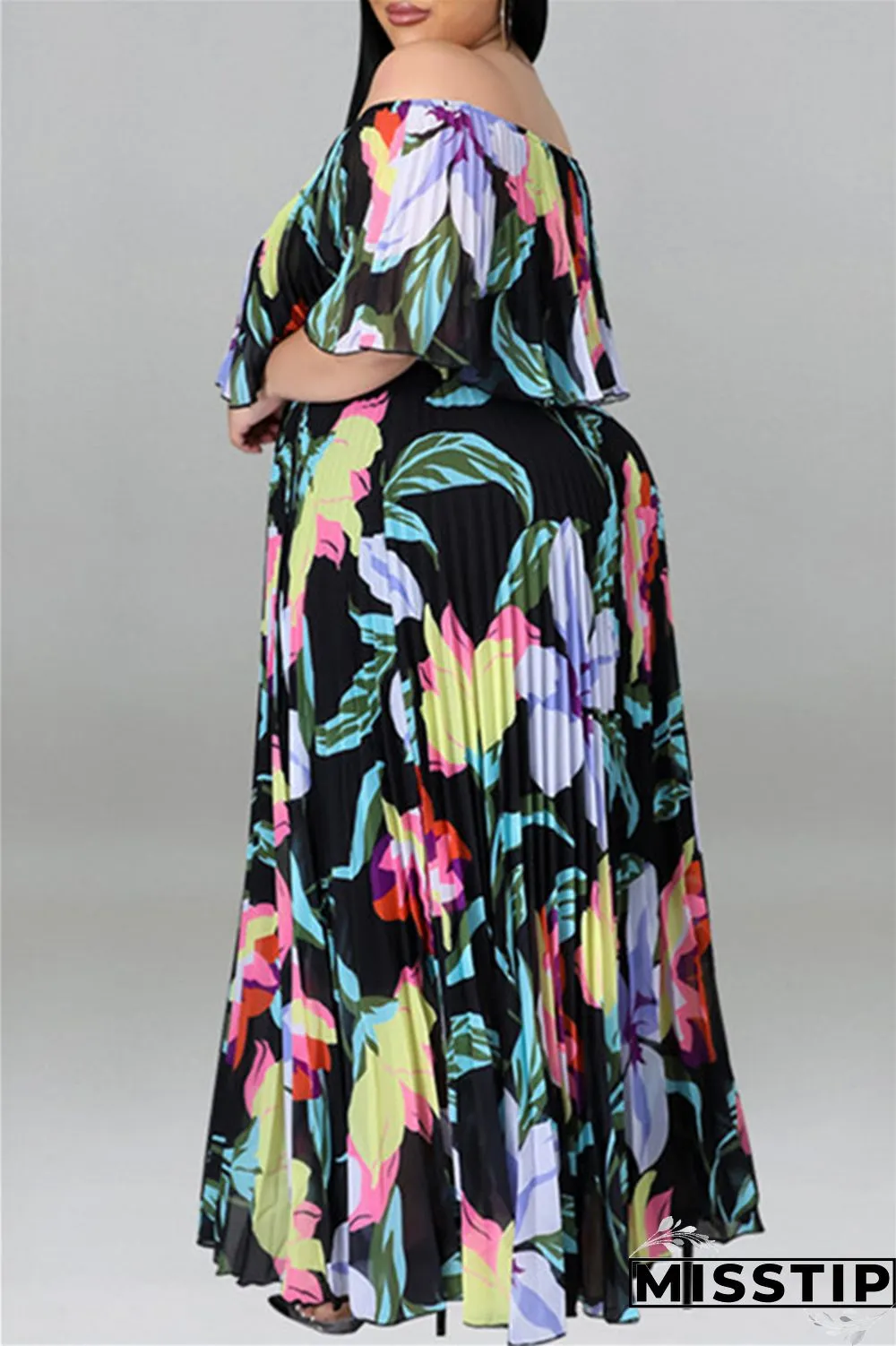 Black Fashion Casual Plus Size Print Patchwork Backless Off the Shoulder Long Dress