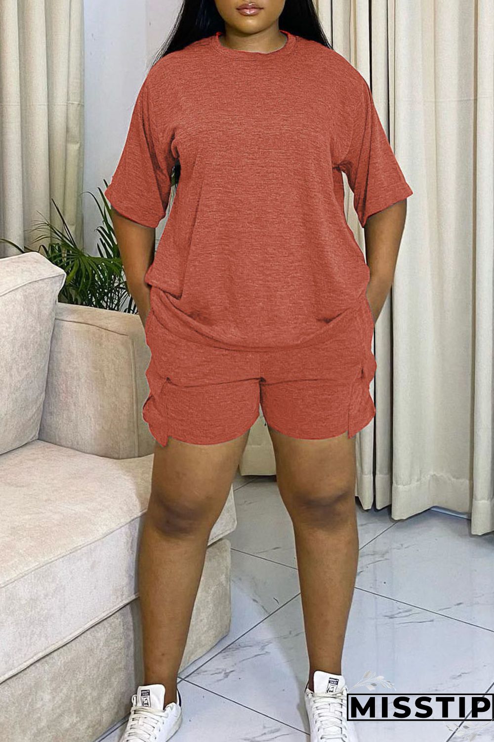 Orange Red Casual Solid Patchwork O Neck Short Sleeve Two Pieces