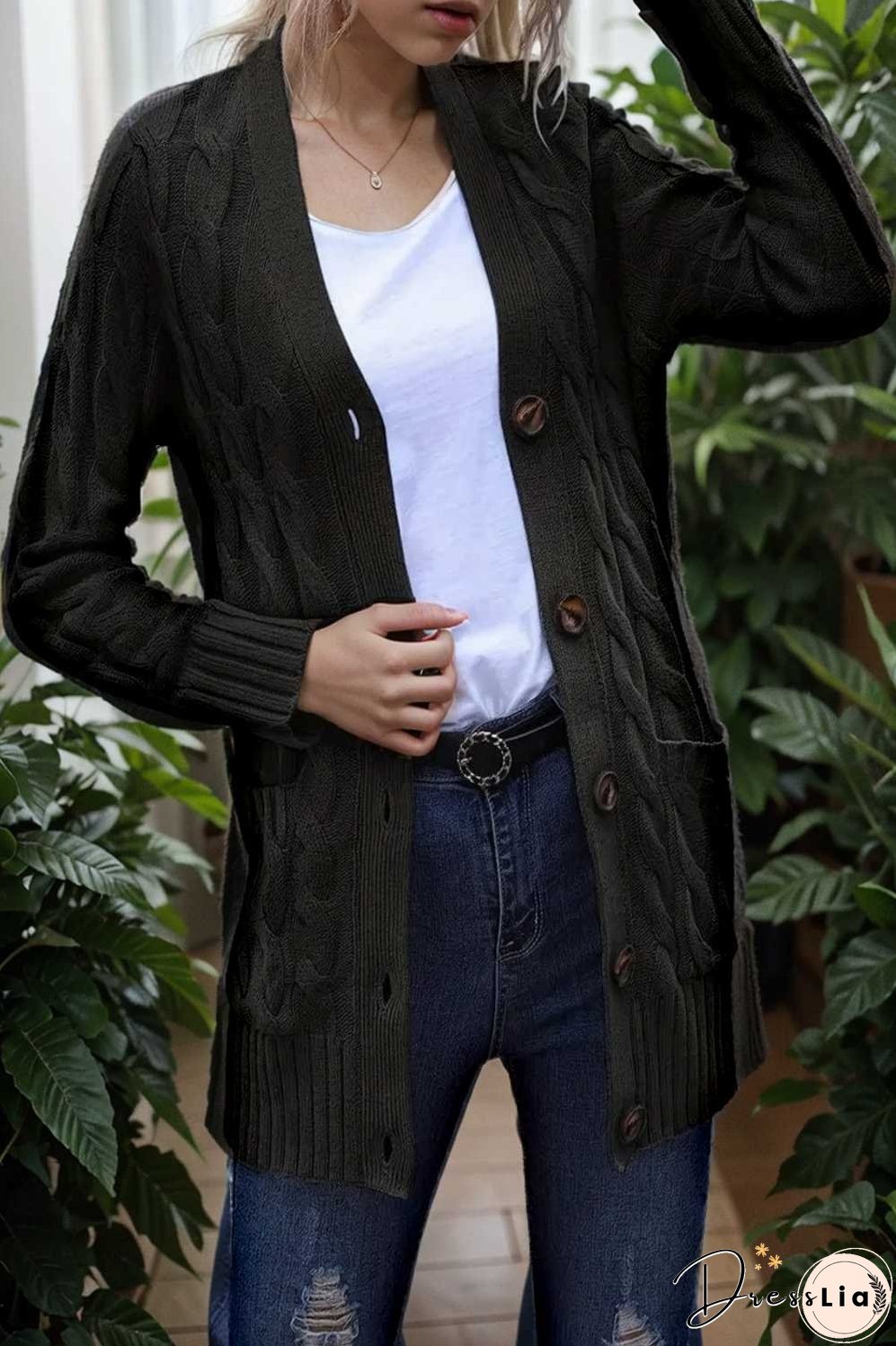 cozy cable knit button front long sleeve cardigan