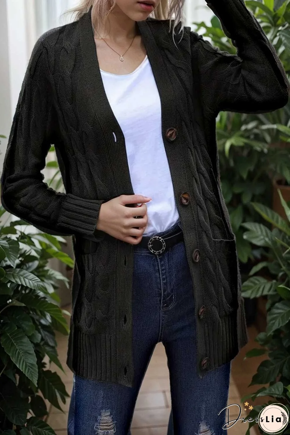 cozy cable knit button front long sleeve cardigan