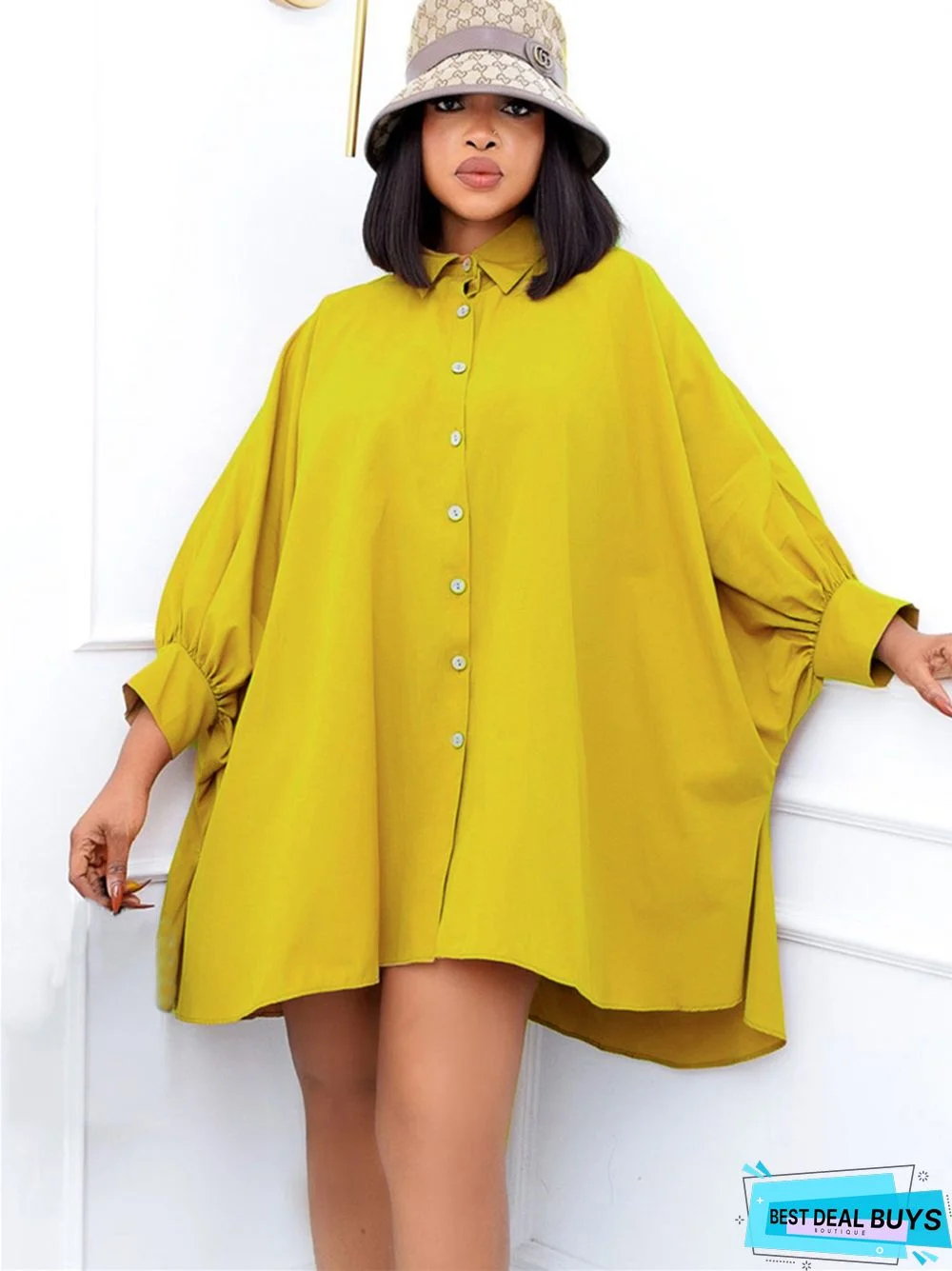 Loose Touch Lapel Solid Color Shirt Dress