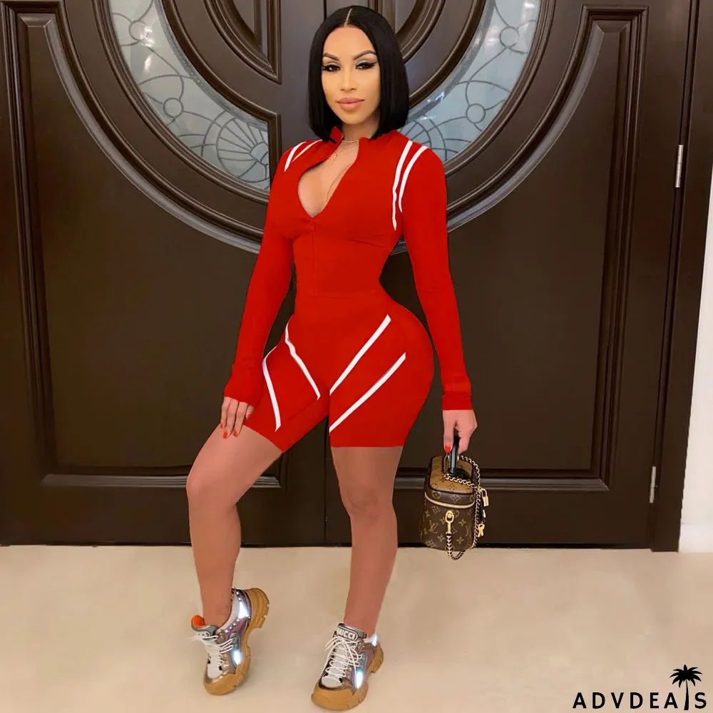 Fashion Long Sleeve Skinny Zip Jumpsuit