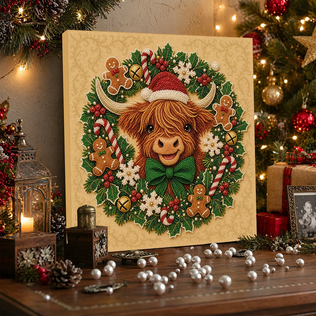Framed Pearl Painting Kit Scottish Scotland Celtic Cow Christmas Wreath 7.87x7.87in