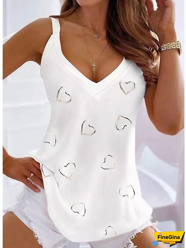 Women's Tank Top Going Out Tops Summer Tops Black White Pink Heart Print Sleeveless Casual Weekend Tunic Basic V Neck Regular S
