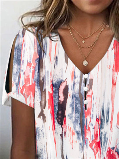 Women's Colorblock Printed Hollow Short Sleeve V-neck Top