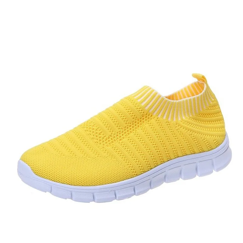 Yellow Stripe Knitted Socks Sneakers Women Spring Summer Slip On Flat Shoes Woman Plus Size Breathable Mesh Running Shoes