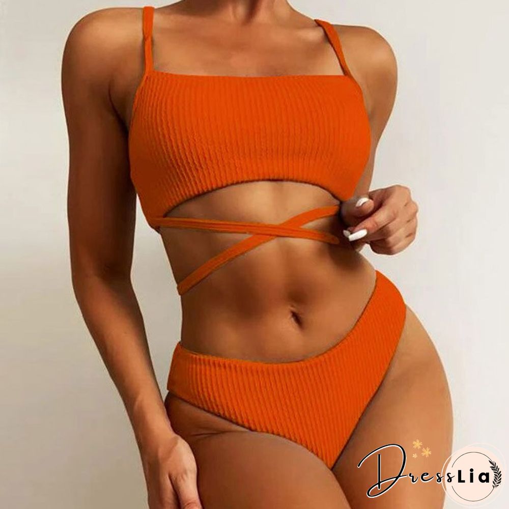 Sexy Bandage Cross Tie-up High Waist Swimwear Women Solid Rib Spaghetti Straps Bikini Set