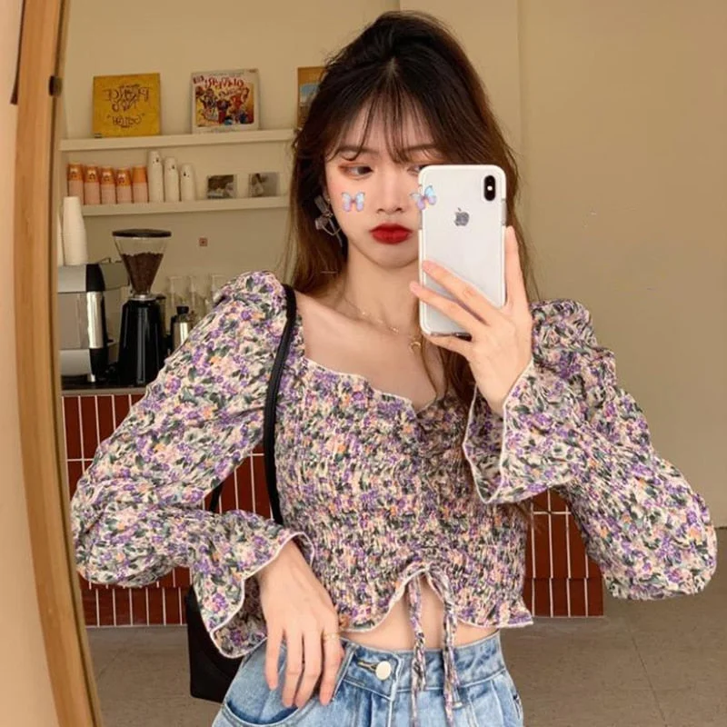 Ruffle Floral Top Blouse Puff Sleeve Crop Top Women Lace Up Chiffon Shirt Off Shoulder Casual Ladies 2021 Korean Fashion New