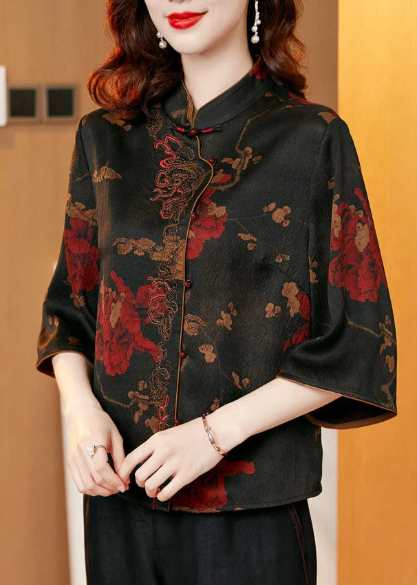 Fine Black Stand Collar Print Silk Two Piece Set Women Clothing Half Sleeve