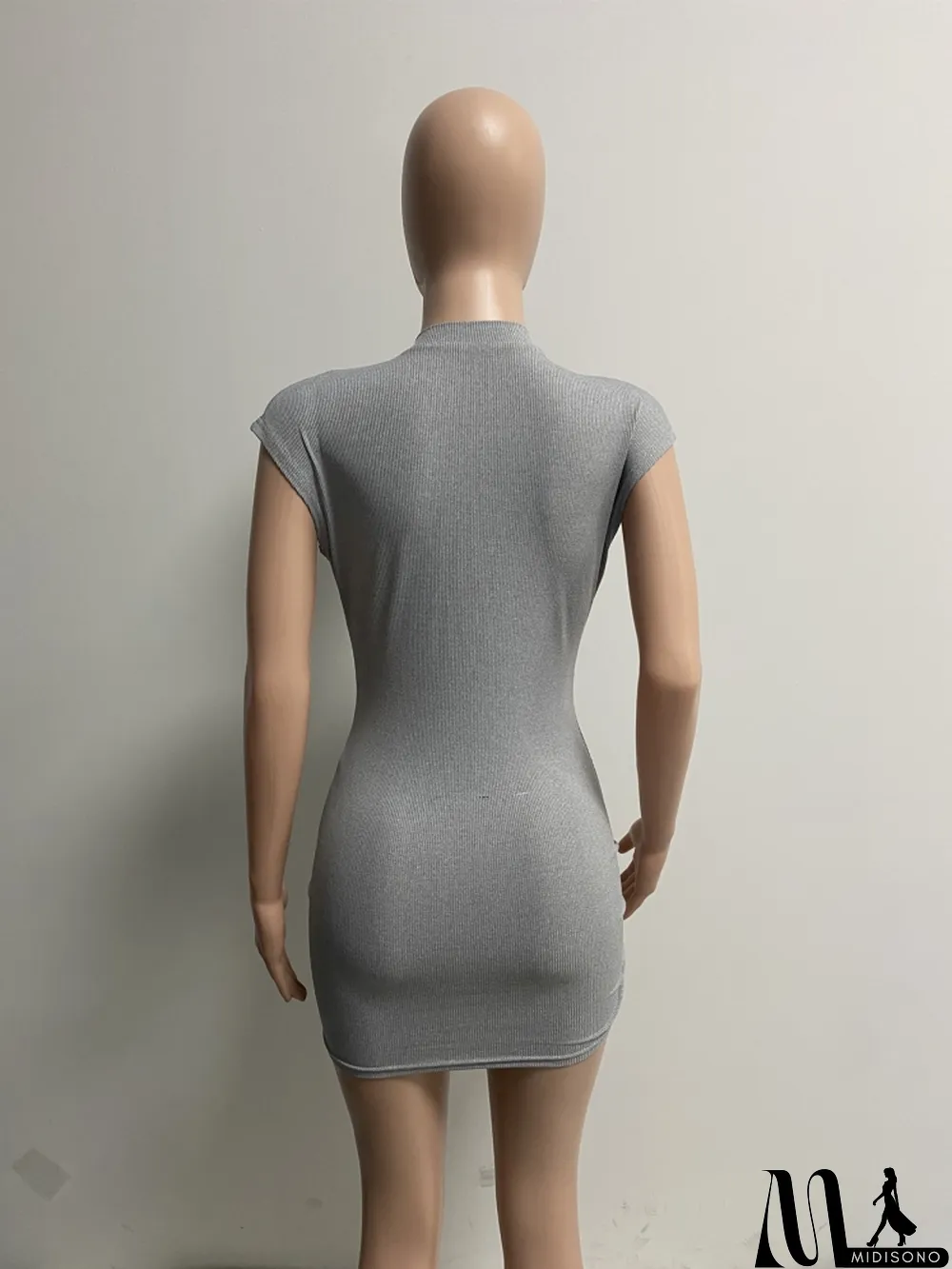 MidiSono - Women Summer Grey Sexy V-neck Short Sleeves Solid Knitted Mini Straight Club Dress