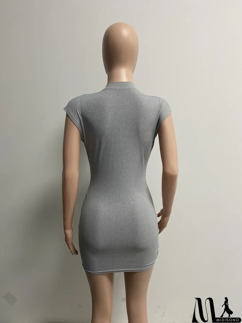 MidiSono - Women Summer Grey Sexy V-neck Short Sleeves Solid Knitted Mini Straight Club Dress