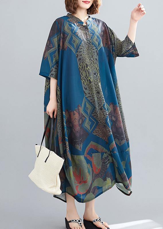 VCSHOES Stand Collar Summer Tunics Blue Abstract Pattern Long Dress