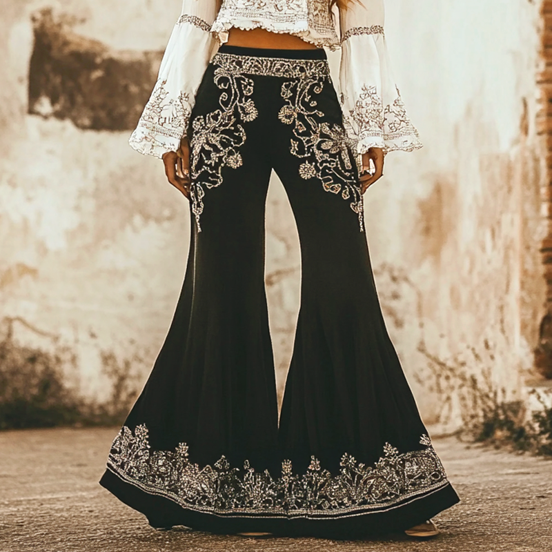 Women's Western Cowboy Bell-Bottom Pants Elegant Bohemian Embroidered