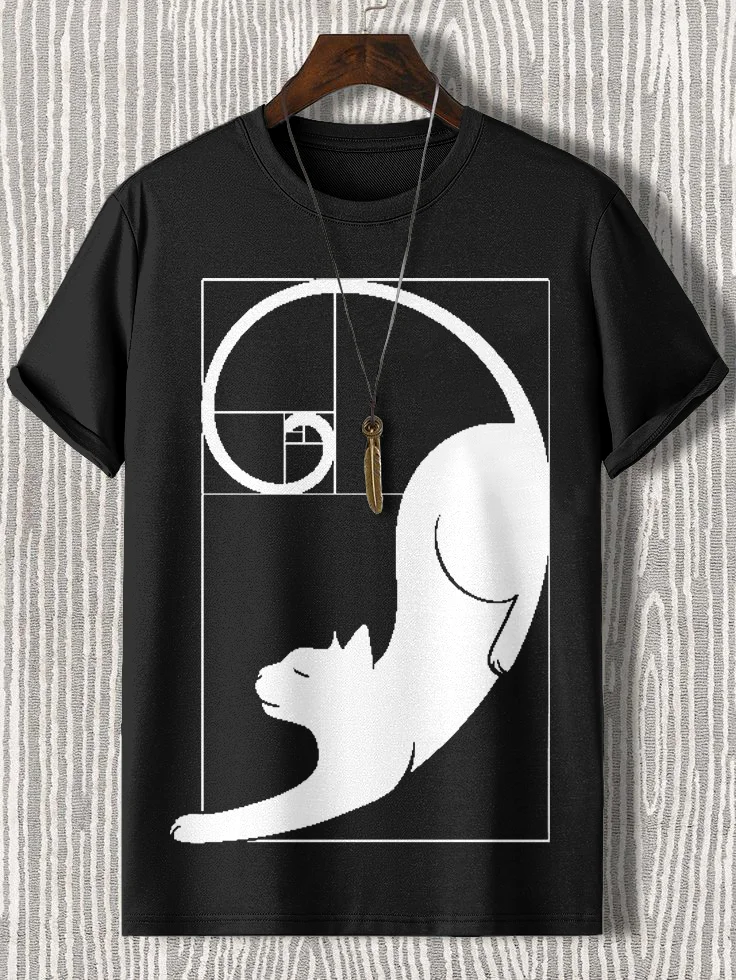 100% Cotton Men's Fibonacci Cat The Golden Ratio Print Casual T-Shirt