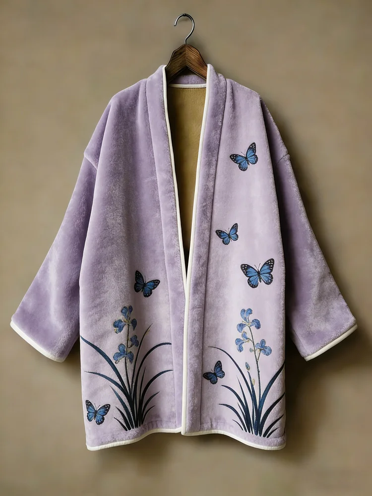 Flannel embroidered printed medium and long kimono cardigan