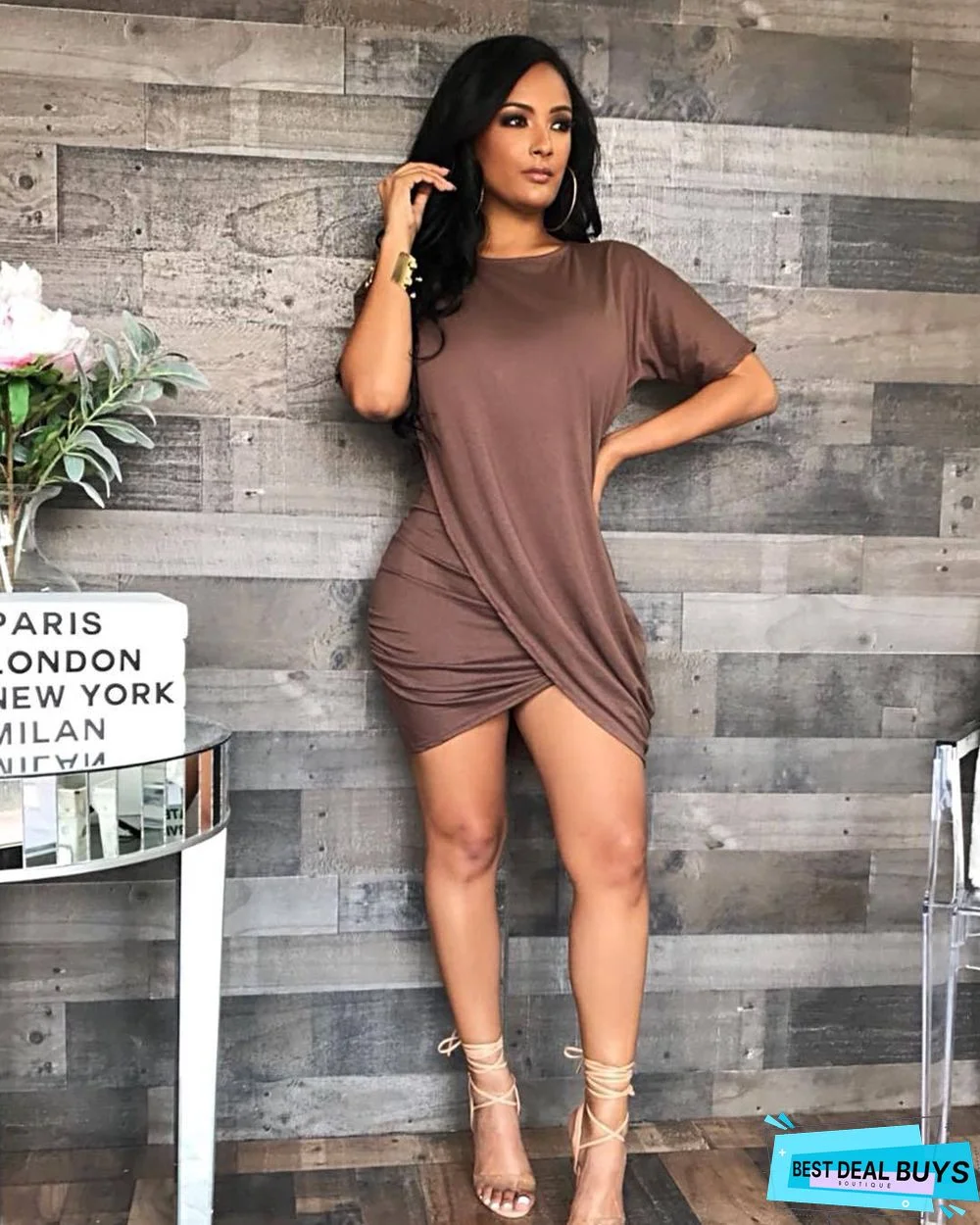 Round Neck Pleated Dress with Irregular Short Sleeves