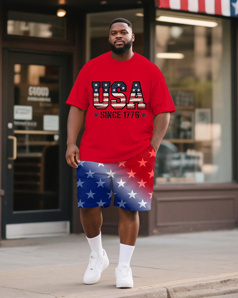 Men's Plus Size Independence Day Red Letter Print Round Neck Short Sleeve T-Shirt Shorts Suit