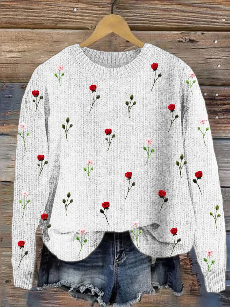 Comstylish Red Rose Knit Pattern Cozy Crew Neck Sweater