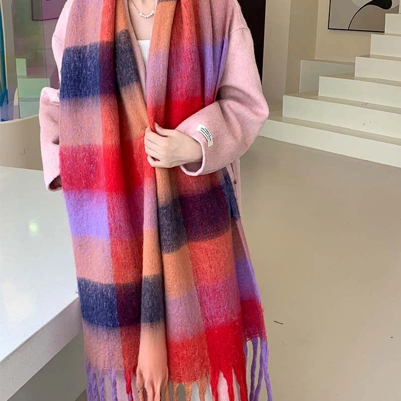 Rainbow Plaid Tassel Scarf For Women Autumn And Winter Famous Color Matching Cashmere Mohair Shawl Thickened Scarf