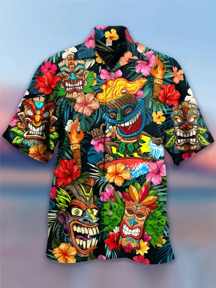 Trendy Cool Carnival Fashion Hawaiian Cuban Collar Short Sleeve Shirt