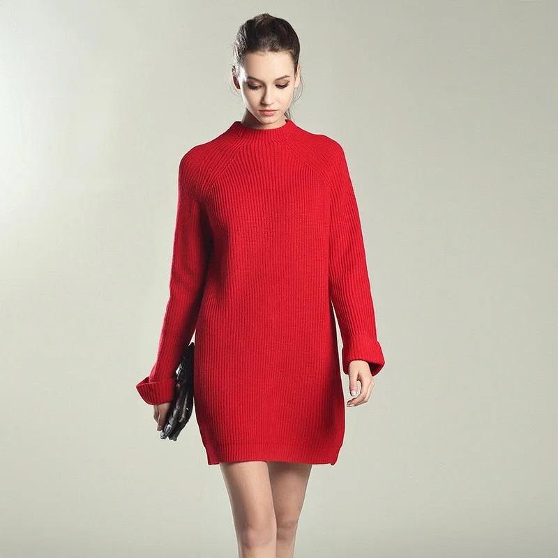 Autumn Winter Solid Knitted Cotton Sweater Dresses Women Fashion Loose O-neck Pullover Female Knitted Dress Vestidos Feminino