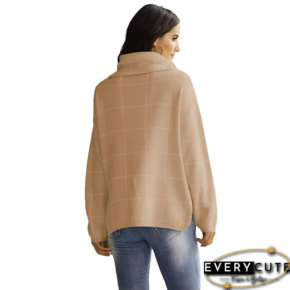 Khaki Plaid Print Turndown Collar Pullover