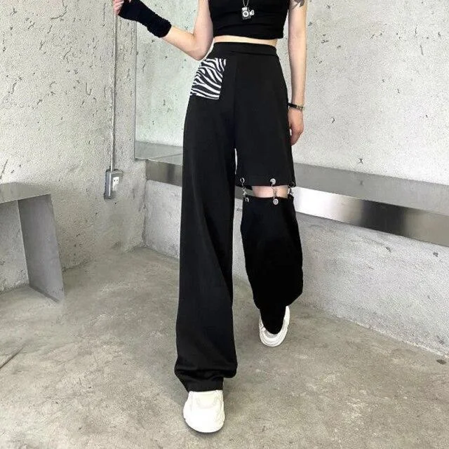 TRENDY ALTERNATIVE HIGH WAIST HOLLOW OUT BLACK PANTS