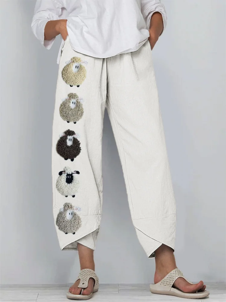 Comstylish Colorful Sheep Fleece Linen Blend Cropped Pants