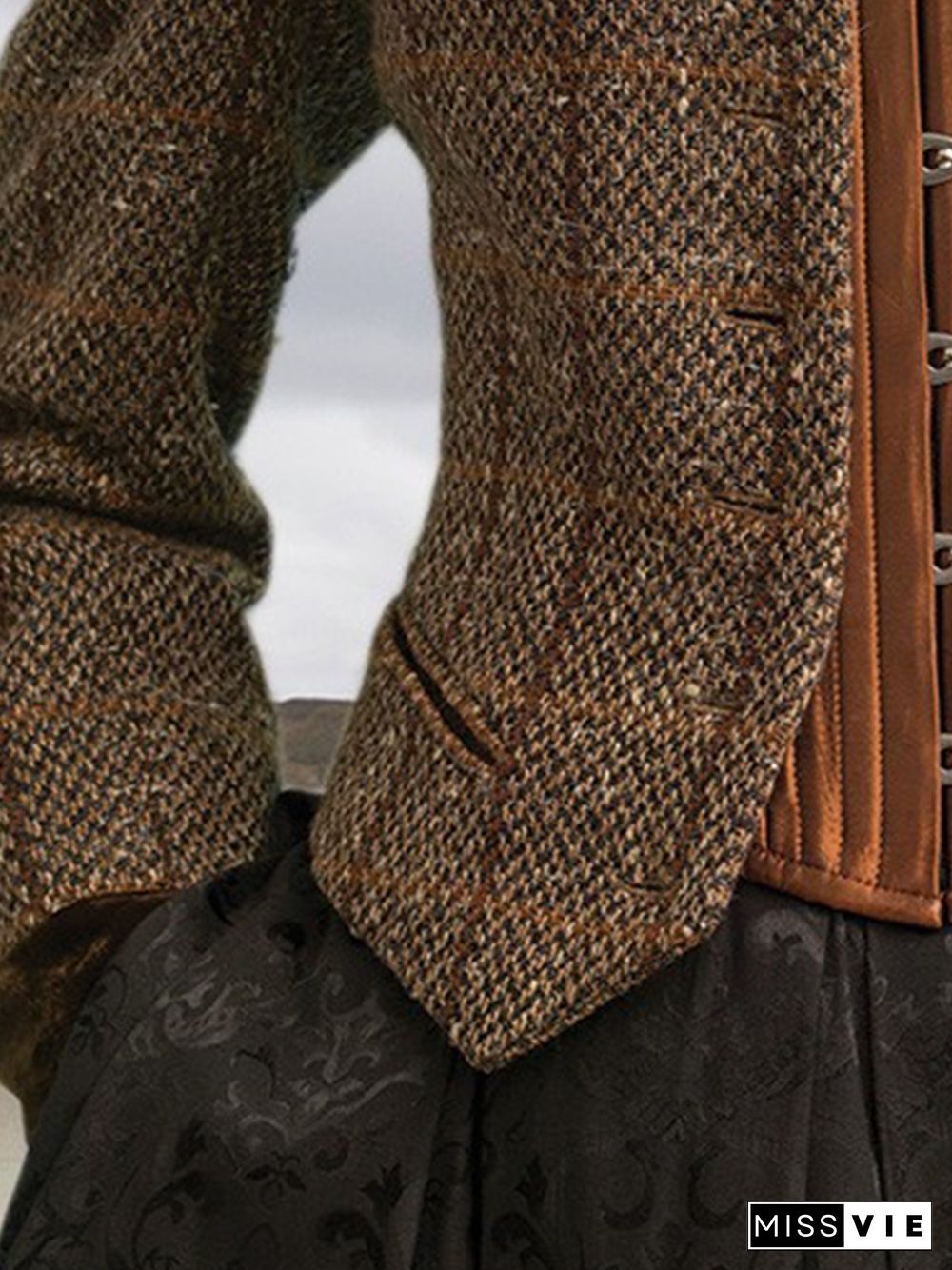 Brown Paneled Long Sleeve Plaid Knit coat