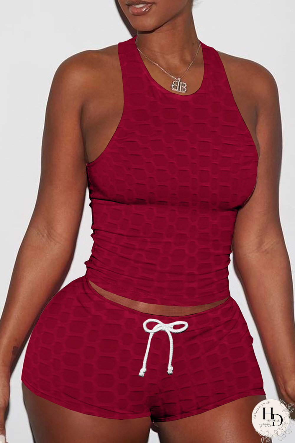 Pink Sexy Solid Backless O Neck Sleeveless Two Pieces