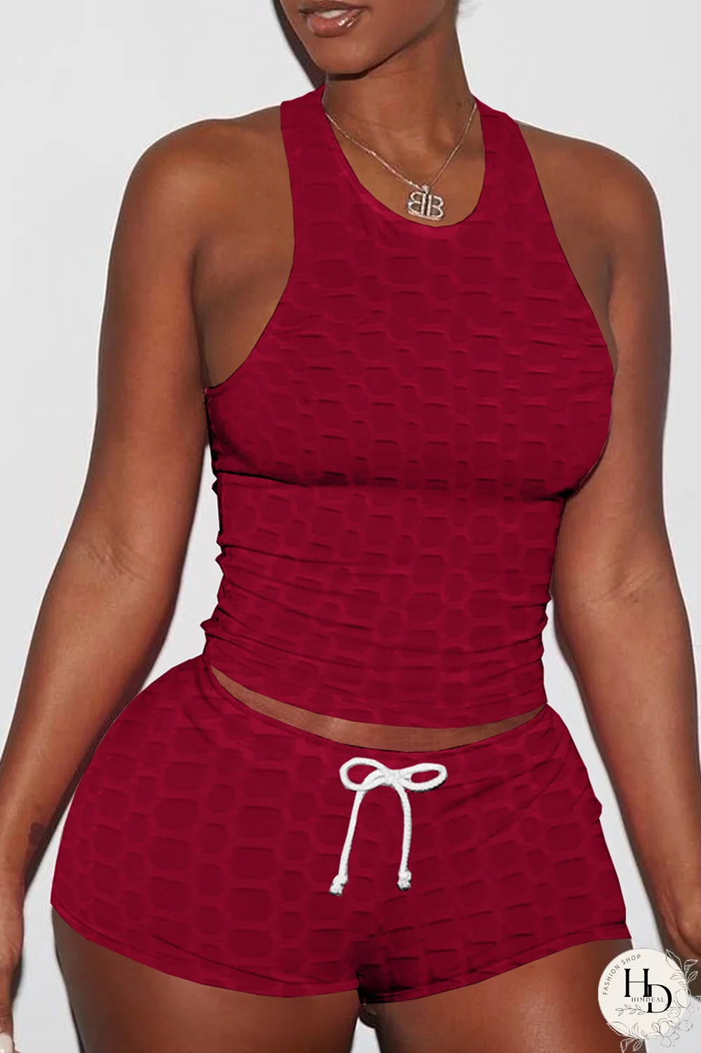 Pink Sexy Solid Backless O Neck Sleeveless Two Pieces