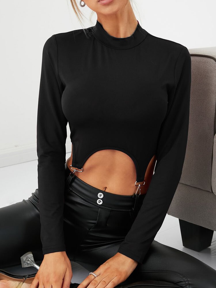Solid Color Metallic Buckle Long Sleeve Crop Top For Women - Life is Beautiful for You - SheChoic