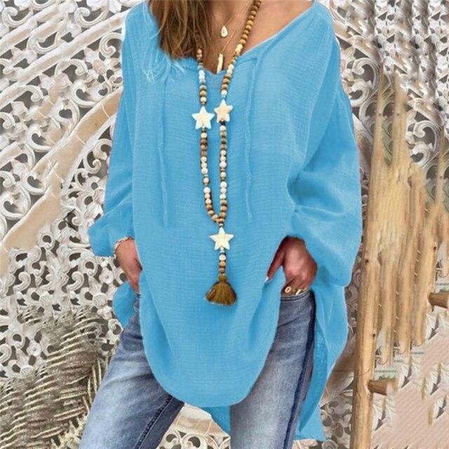 Cotton Womens Tops And Blouses Plus Size Long Sleeve V Neck Female Tunic Beach Shirts Casual Puff Sleeve - Shop Trendy Women's Fashion | TeeYours