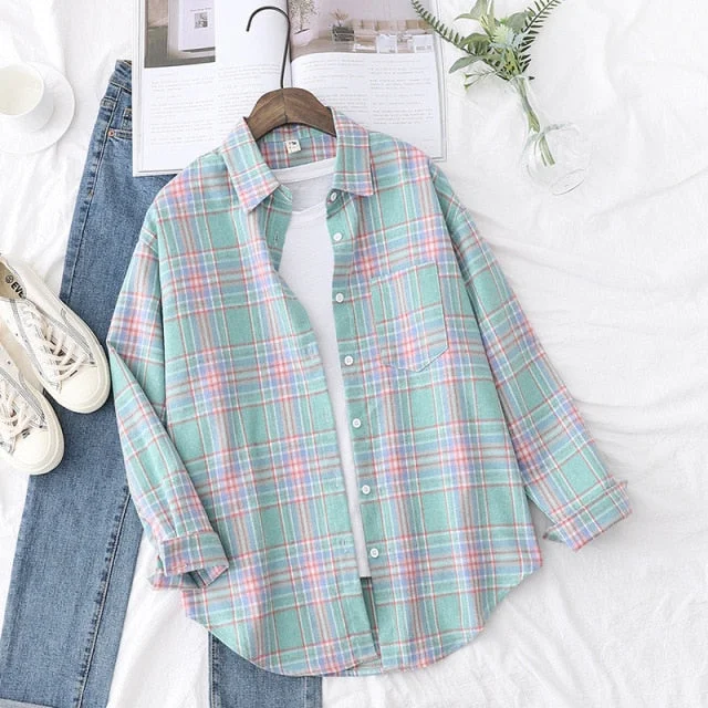 Plaid Shirt New Boutique Ladies Loose Blouse