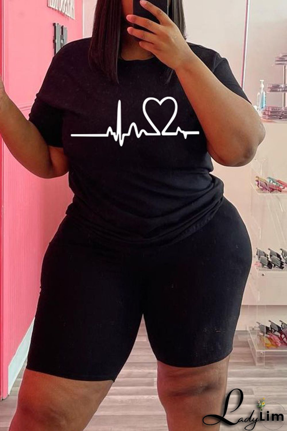 Black Fashion Casual Print Basic O Neck Plus Size Two Pieces