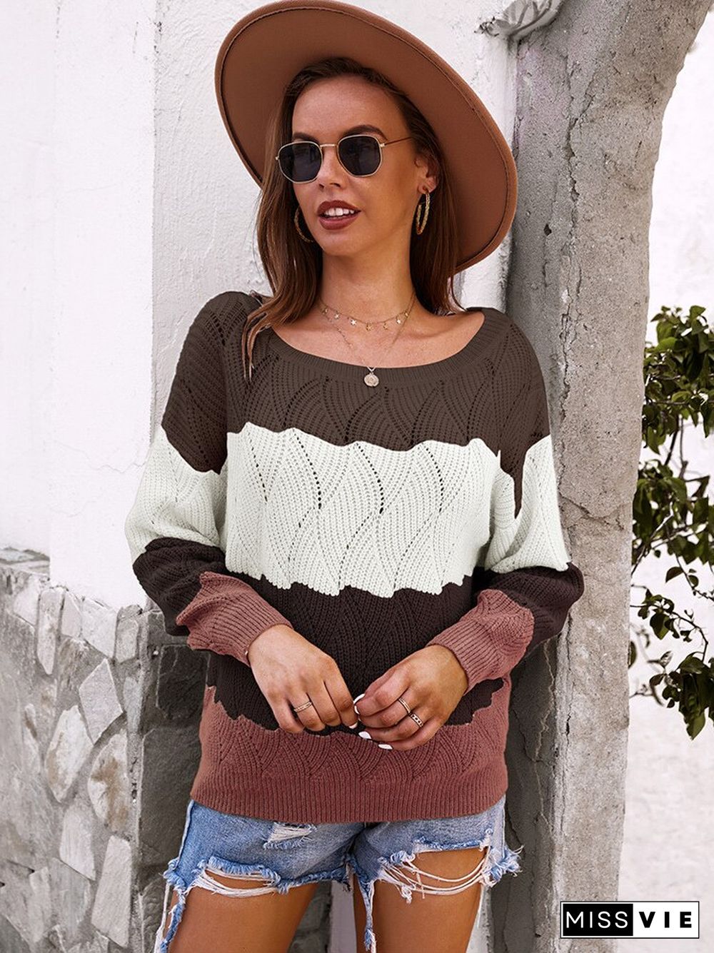 Fashion Tops Women Autumn Winter Splicing Knitted Pullover Women Long Sleeve Top Pullover Sweaters Oversized Sweater Women