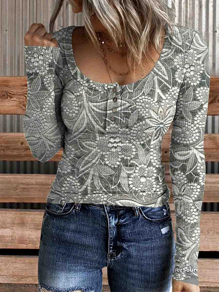 Women's Vintage Lace Print Casual Long Sleeve Comfortable Cotton Henley Top