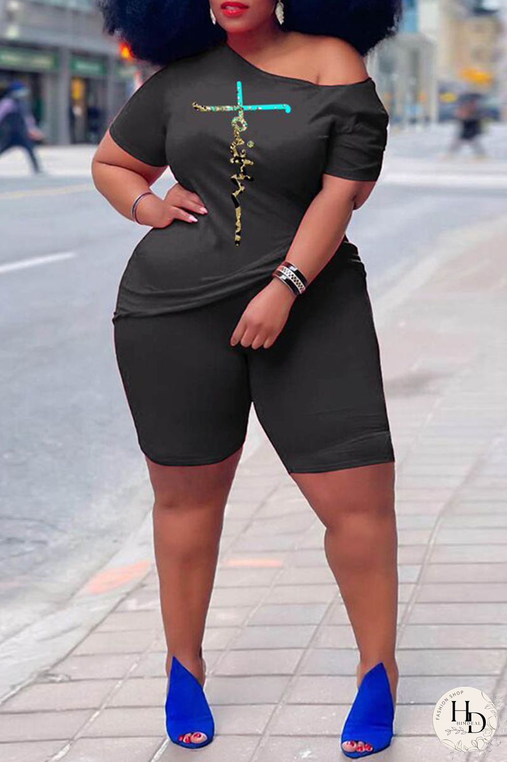 Rose Red Casual Print Basic Oblique Collar Short Sleeve Two Pieces