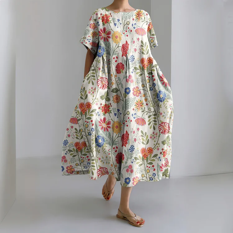 Women's Pastoral Floral Art Print Casual Cotton Linen Midi Dress