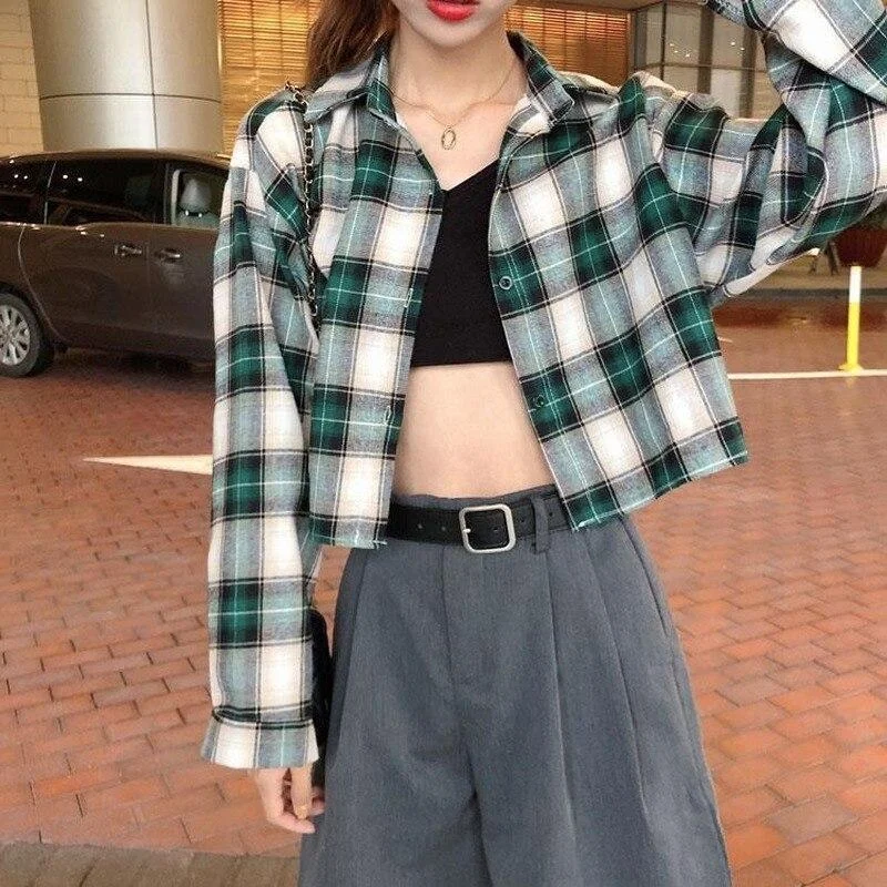 Blouses Shirts Women Plaid Long Sleeve Crop Top All-match Korean Style Leisure Preppy Street Loose Womens Fashion Ins Chic Retro 1026-1