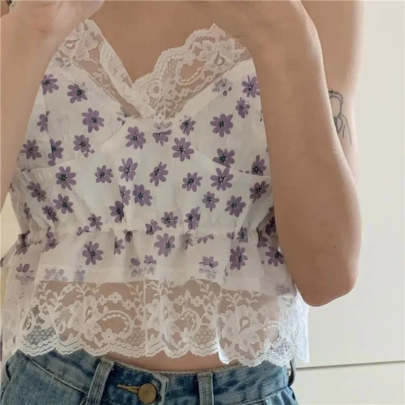 Camis Women V-neck Lace Purple Floral Crop Korean Sweet Style Retro Cute Female Tops All-match Students Leisure Loose Slim Chic