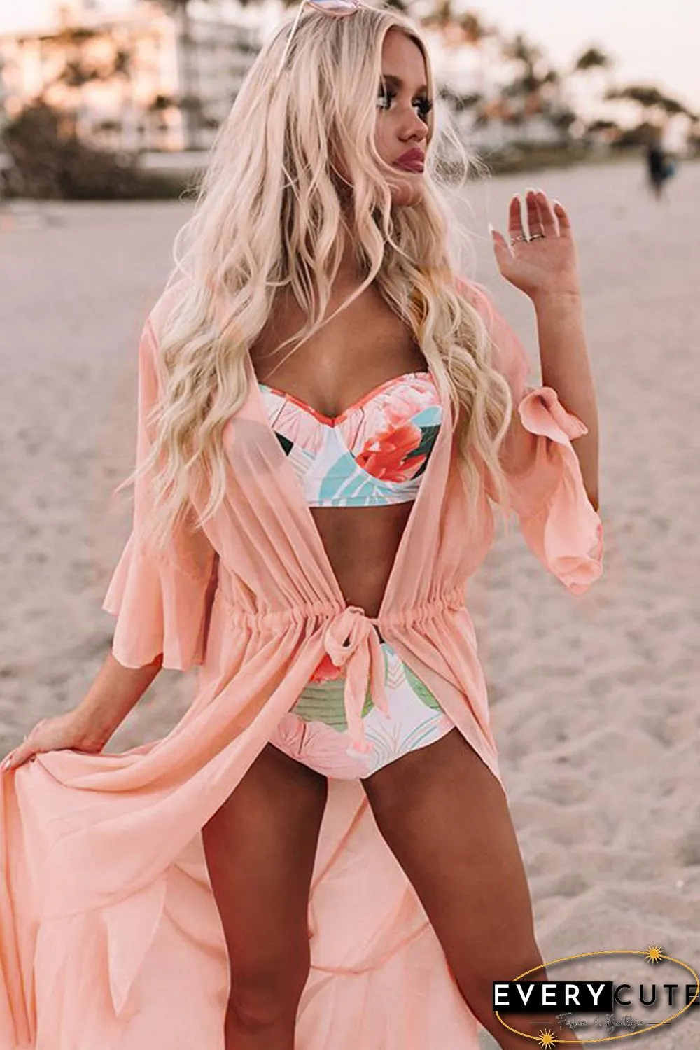 Pink Ruffle Half Sleeve Tie Front Flowy Beach Cover Up
