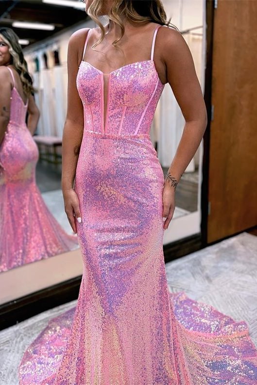Chic Pink Spaghetti Straps Mermaid Prom Dress With Sequins | Ballbellas Ballbellas