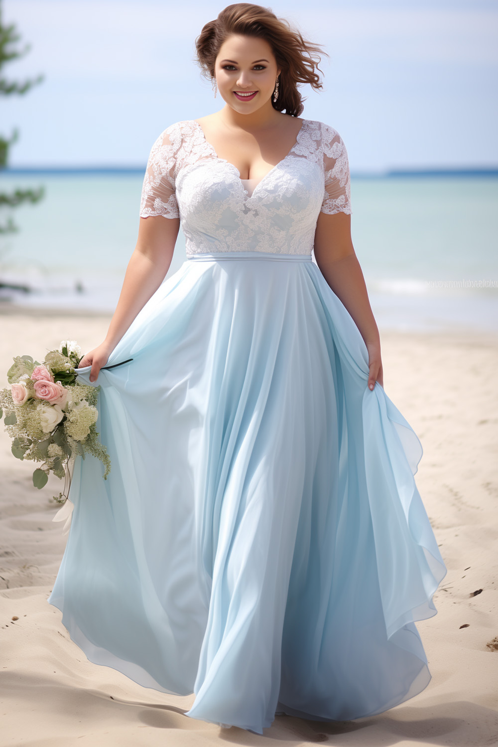 Flycurvy Plus Size Wedding Guest Light Blue Chiffon Lace See-Through Maxi Dress