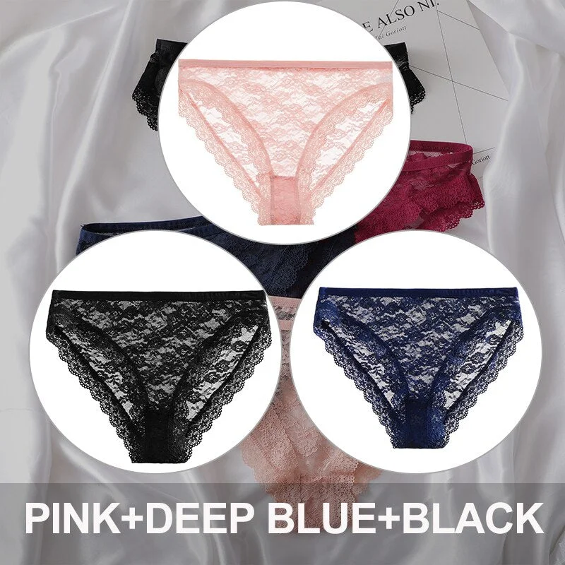 FINETOO 3PCS/Set Floral Lace Sexy Women Lingerie Panties M-2XL Plus Size Underpants Transparent Female Comfortable Briefs Girls