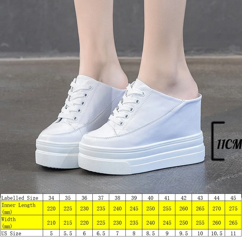 Fujin 11cm Platform Wedge Women Shoes Mules Genuine Leather Hidden Heel Women Summer Shoes Slides Sandals Slippers Spring Autumn