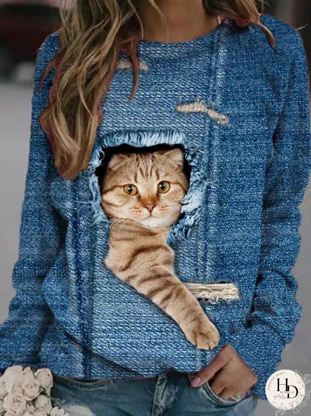 Cute Cat Print Long Sleeves O-neck Casual Sweatshirt For Women